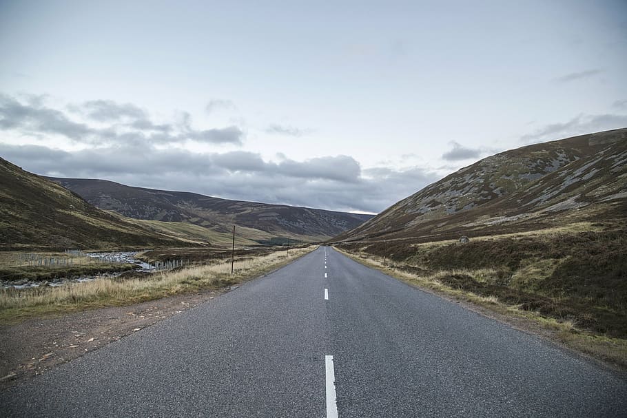 asphalt, empty, grass, hills, landscape, outdoors, road, transportation HD wallpaper