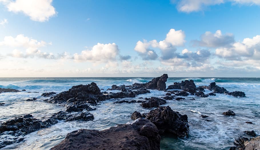 sea, water, ocean, blue, sky, clouds, nature, rocks, cliff HD wallpaper