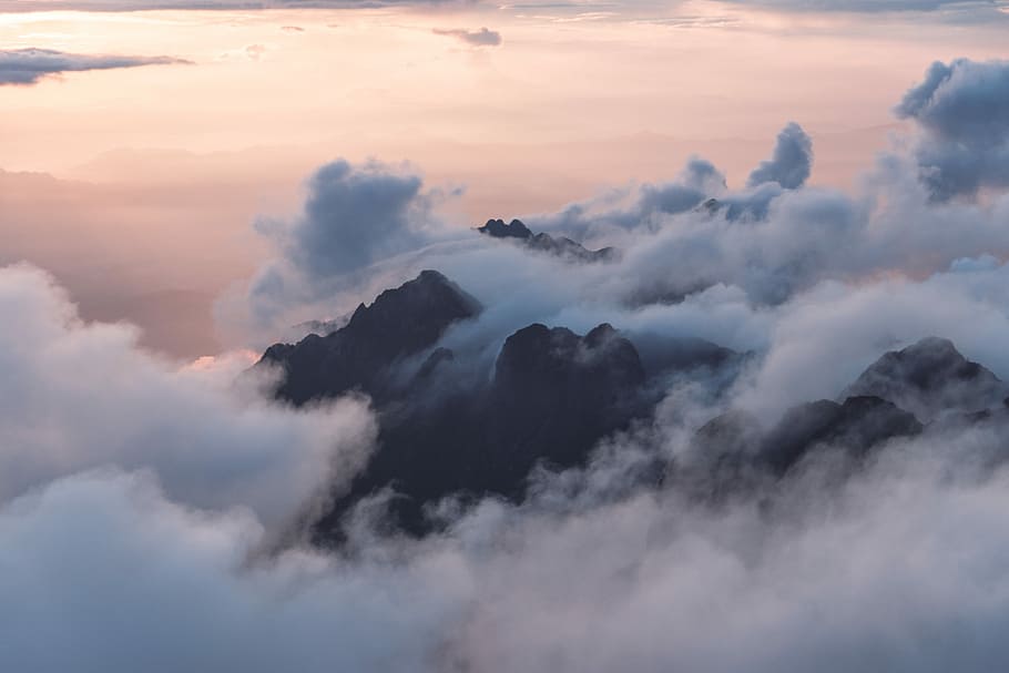 mountain covered with clouds, aerial view of mountain covered with clouds HD wallpaper