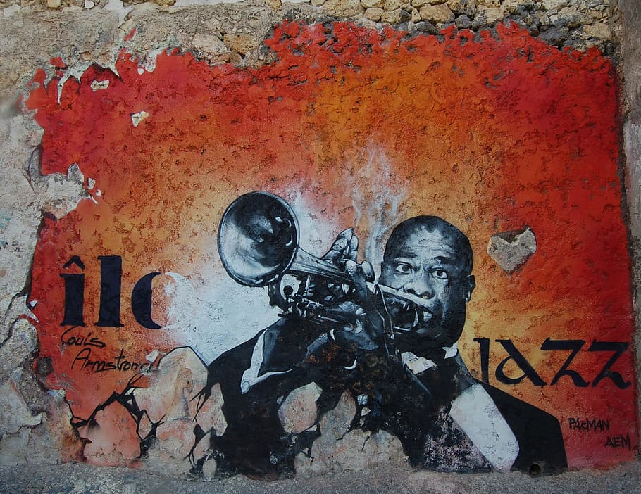 louis armstrong, jazzman, musicians, street, street art, grafiti