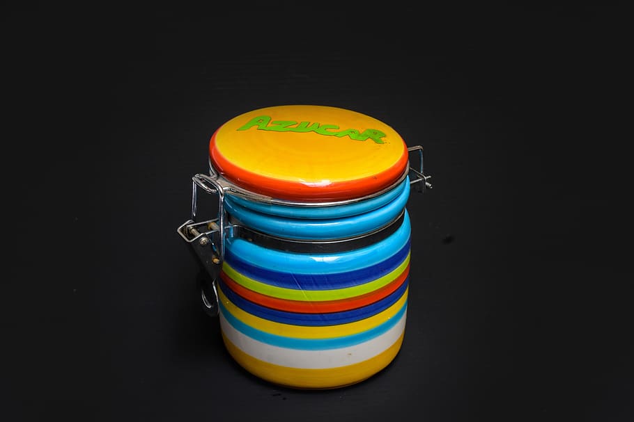 bottle, container, jar, top, multi colored, studio shot, black background HD wallpaper