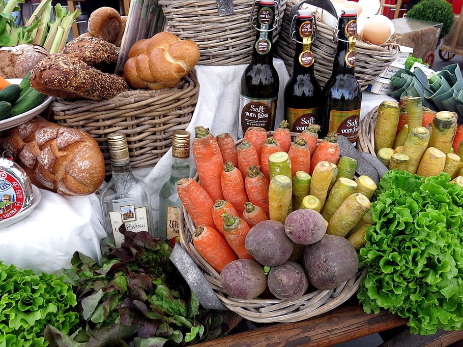 vegetables, pastries, and bottles on brown table, bread, basket HD wallpaper