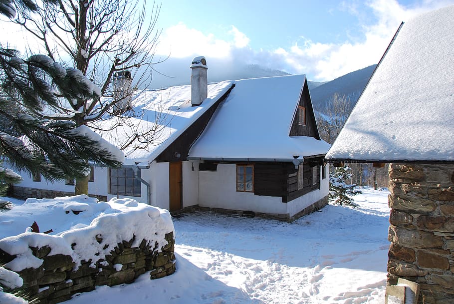 winter, cottage, snow, cold temperature, architecture, built structure HD wallpaper