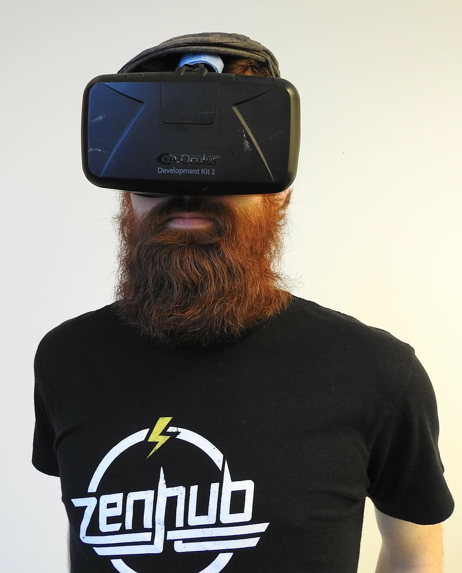man wearing black VR goggles, virtual reality, oculus, technology HD wallpaper