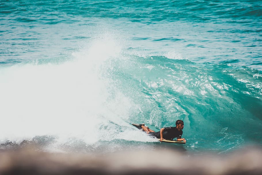 man surfing on sea waves, person riding surf board, ocean, water HD wallpaper