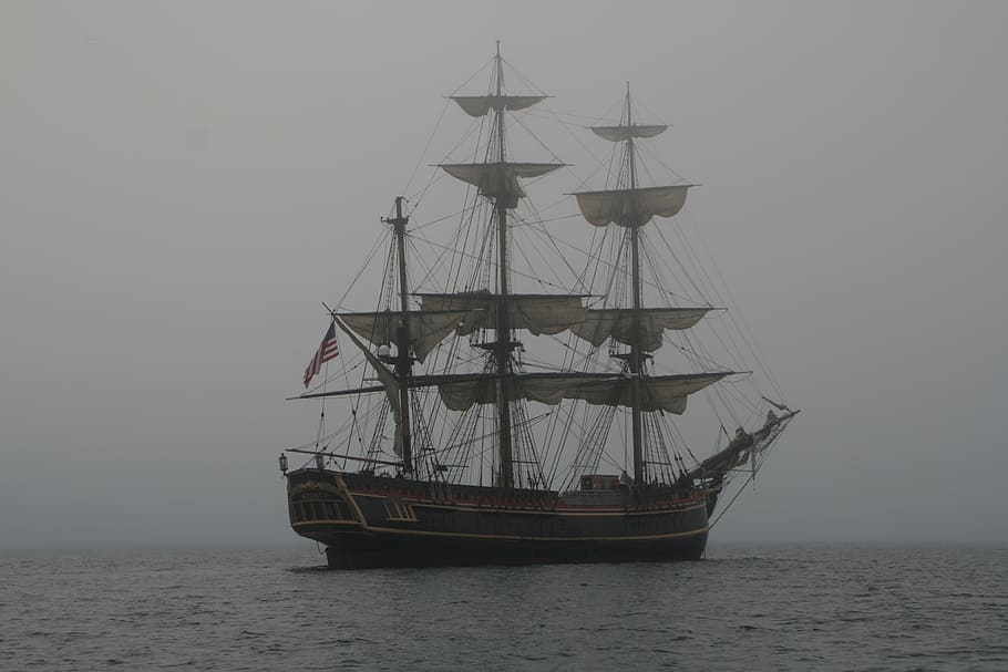 gray sail boat on water, schooner, vintage, sailing, ship, sea