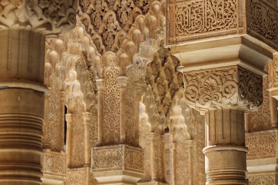 white concrete pillars, alhambra, granada, spain, architecture HD wallpaper