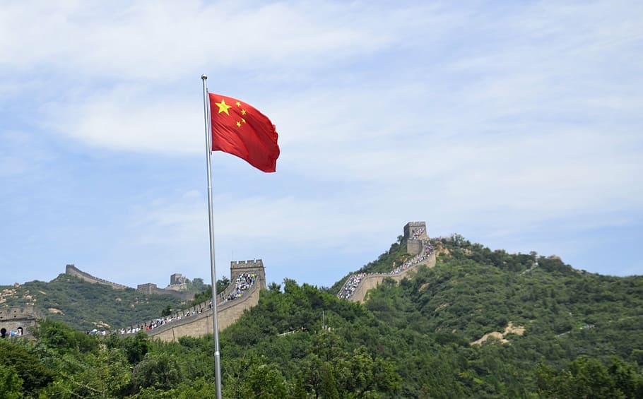flag, china, mountain, top, nature, mountains, landscape, sky HD wallpaper