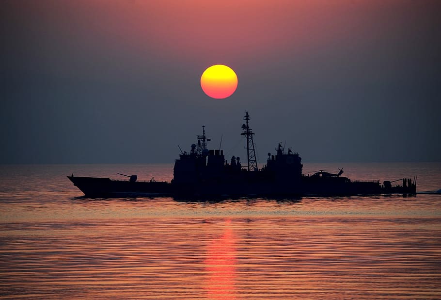boat against sun silhouette photo, sunset, ship, water, sea HD wallpaper