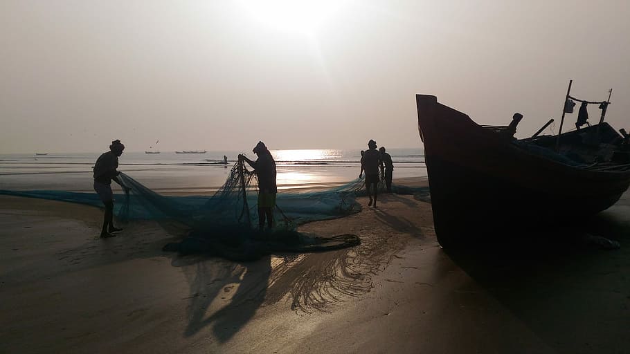 people standing near seashore at daytime, beach, sand, boat HD wallpaper