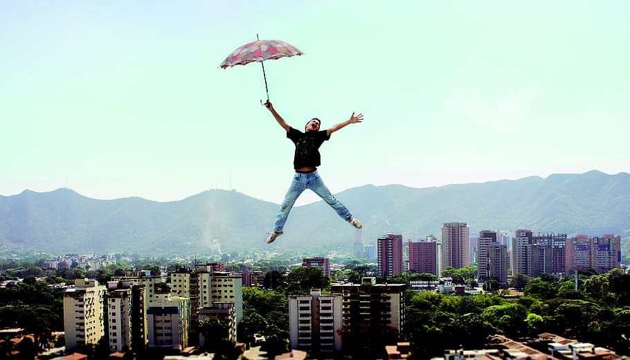 fun, umbrella, surrealism, full length, city, mid-air, building exterior HD wallpaper