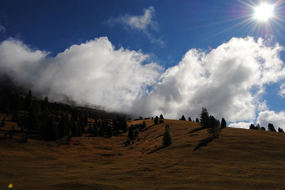 landscape, mountains, trees, autumn, clouds, sky, morning, nature HD wallpaper
