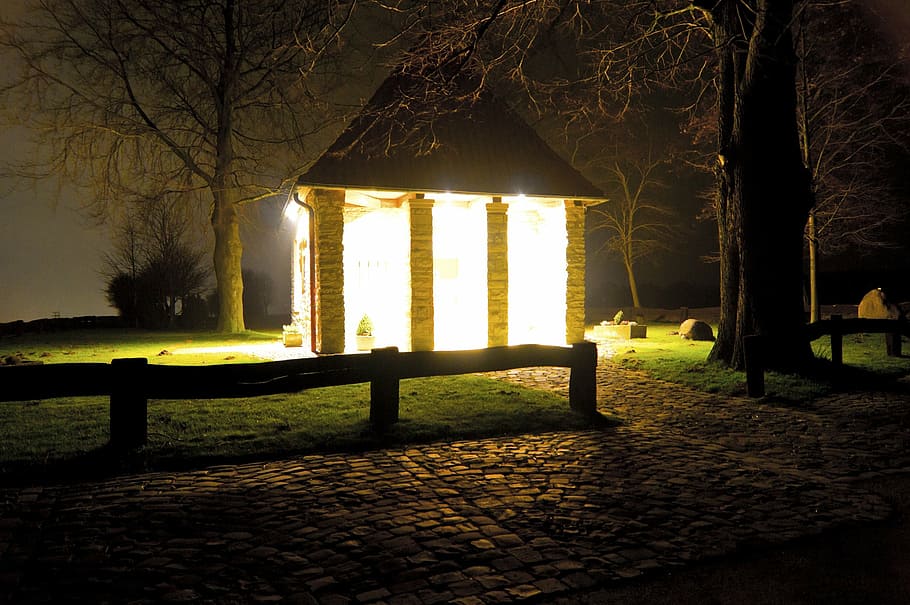 chapel, night, light, bill, god, jesus, faith, church, tree HD wallpaper