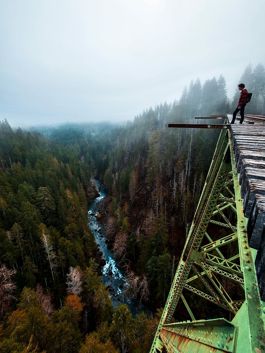 man stands on brown and green building trusses, man standing near edge of bridge HD wallpaper