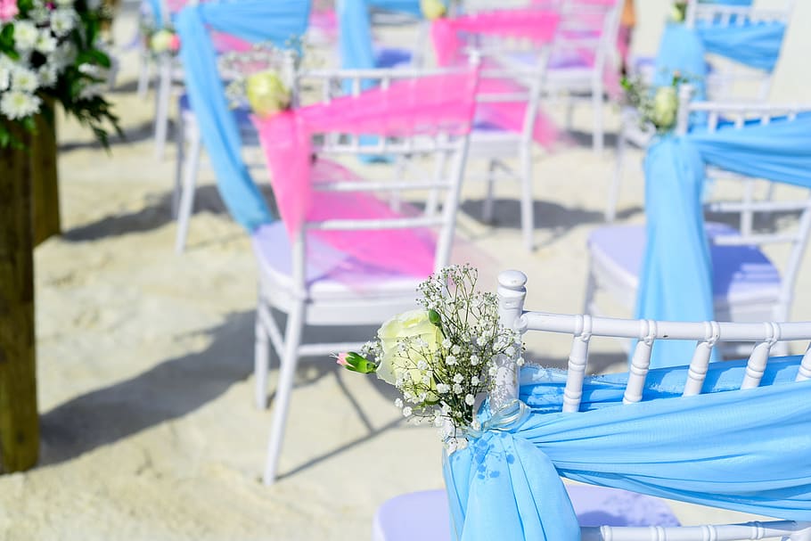 sunny, flowers, blue, blur, chairs, decor, decorations, flower bouquet, HD wallpaper