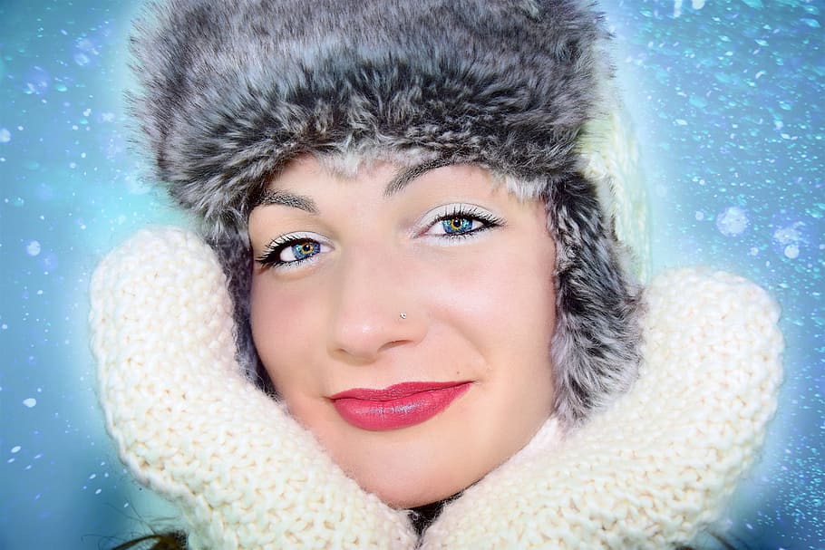 winter, face, cap, cold, snow, smile, close, portrait, headwear HD wallpaper