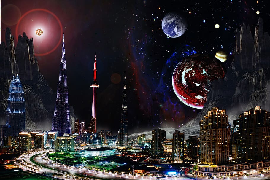 high rise building and galaxy poster, fantasy, space, planets HD wallpaper