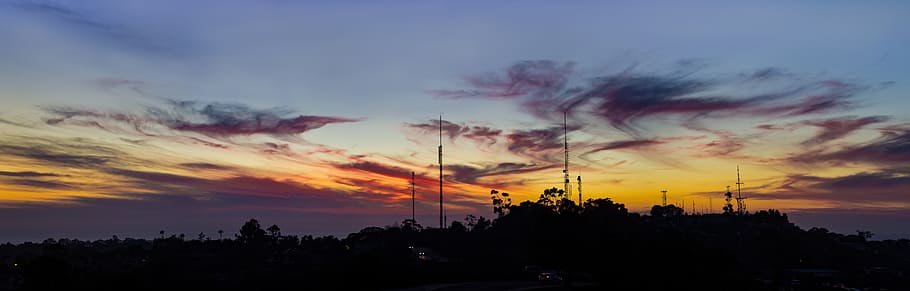 panoramic, orange clouds, sunset, sky, landscape, evening, silhouette HD wallpaper