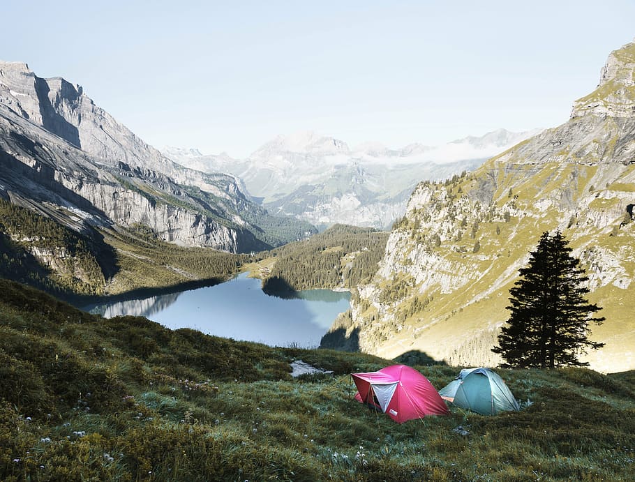 two dome tents on grass mountain, adventure, camping, cliffs HD wallpaper