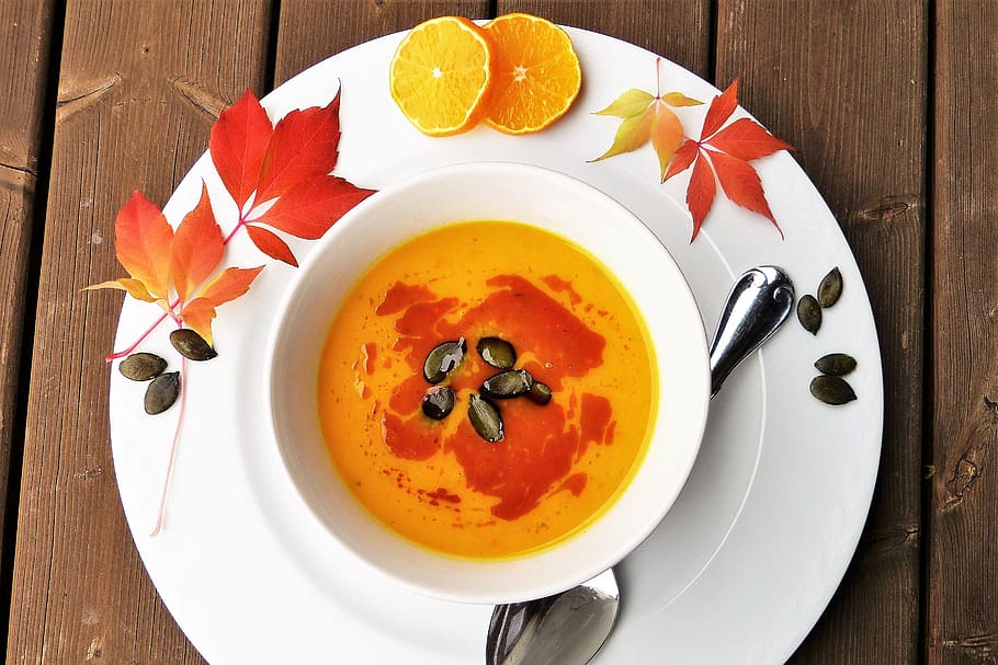 Overhead shot of Autumn pumpkin soup, food/Drink, fall, healthy