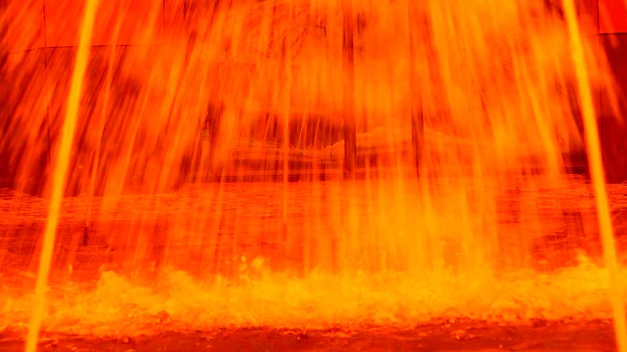 fountain, flow, fire, red, glow, flame, yellow, orange color HD wallpaper