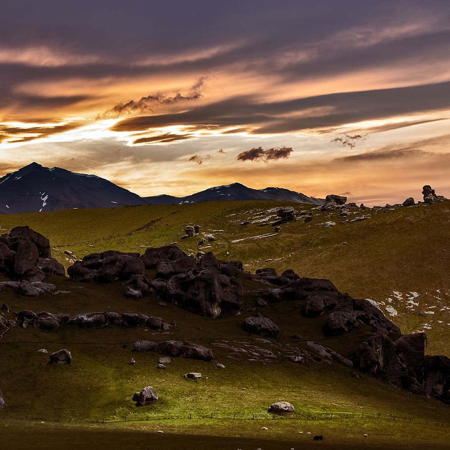 mountains, sunset, landscape, west, clouds, top view, the alps HD wallpaper