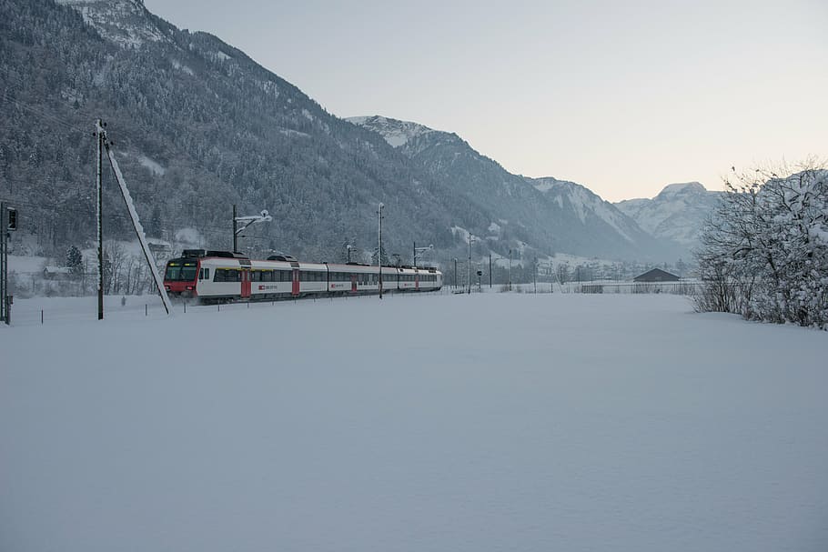 winter, train, railway, snow, seemed, switzerland, alpine, mountains HD wallpaper