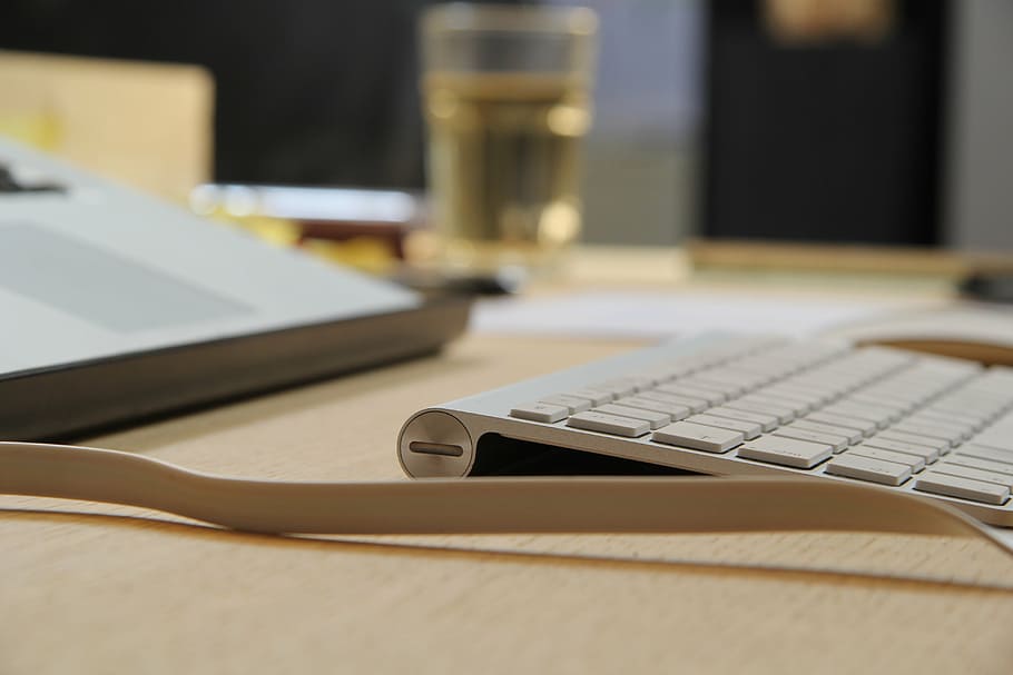 silver keyboard on brown table, apple, magic, computer, study HD wallpaper