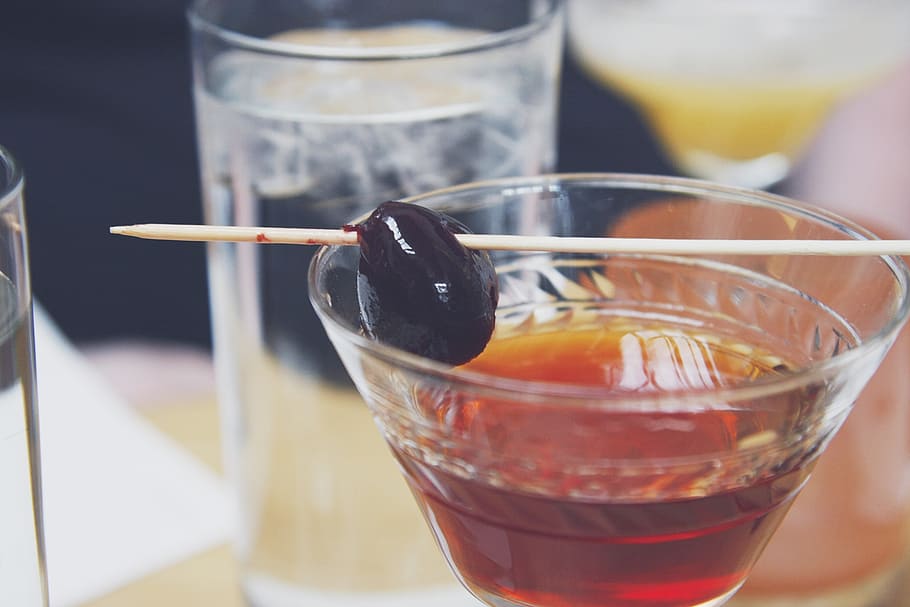 clear glass cup with stick, cocktail, beverage, cherry, alcohol HD wallpaper