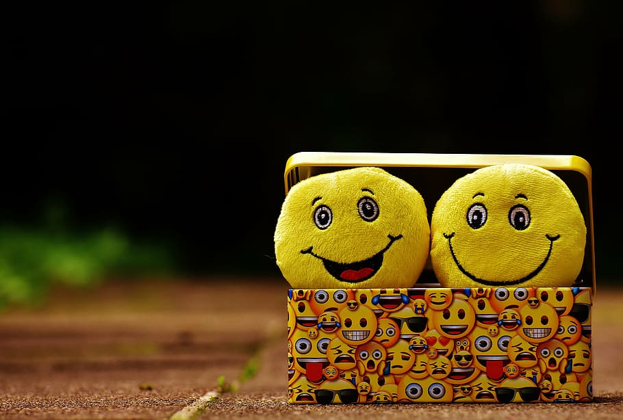 two yellow smile emoji pillows, smilies, funny, joy, emoticon