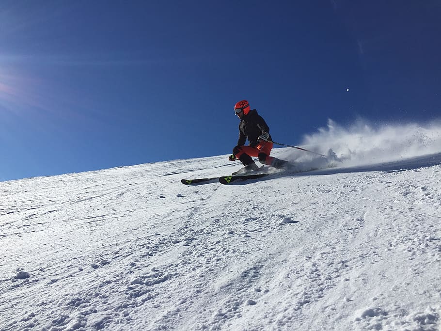 person wearing black jacket doing snow ski, Blue Sky, Winter