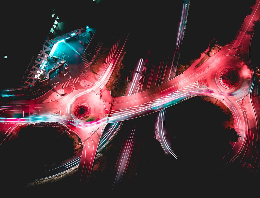 aerial photograph of cable bridges, red and blue abstract digital wallpaper HD wallpaper