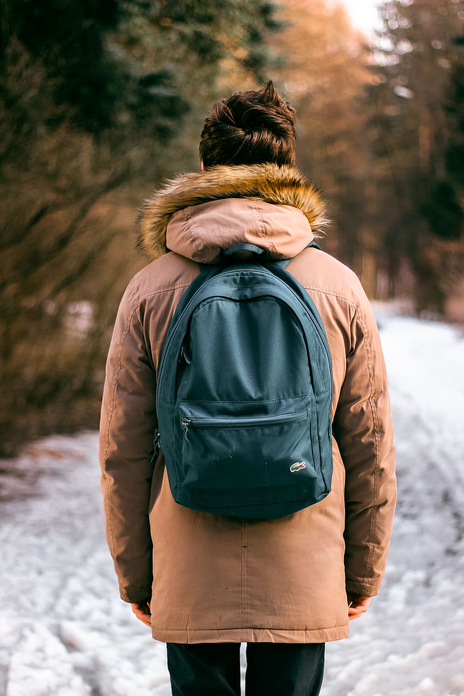 woman wearing brown parka coat, backpack, bag, snow, winter HD wallpaper