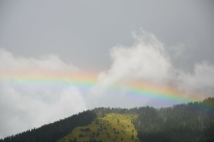 rainbow, mountain, cloudy day, rafter rain, properties, color HD wallpaper