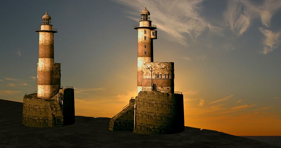 brown concrete castle, lighthouse, evening, sunset, ebb, sea HD wallpaper