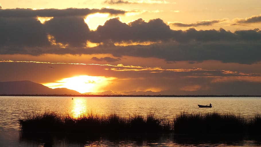 titicaca, lake, dawn, boat, fisherman, sky, clouds, sunset, HD wallpaper
