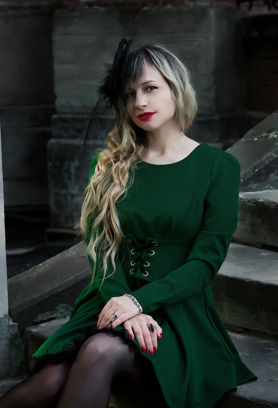 woman sitting on concrete stairs, ladder, castle, gothic, veil HD wallpaper