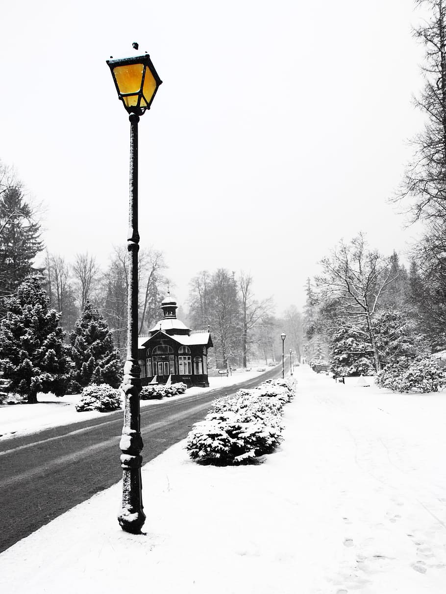 black lamp post covered with snow, Ancient, Architecture, Cold HD wallpaper