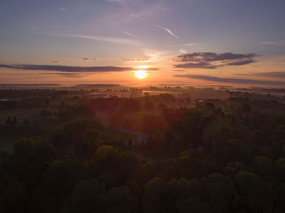 green, trees, plants, nature, aerial, landscape, view, sunset HD wallpaper