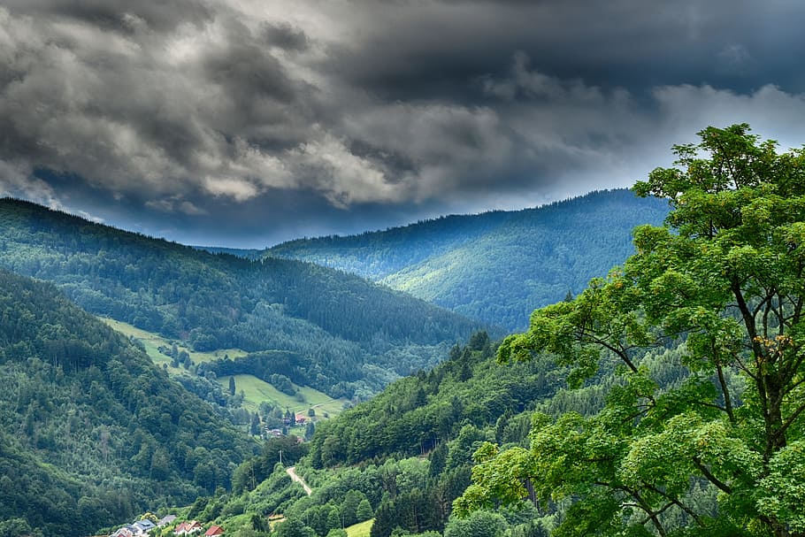 storm, forest, mountains, lightning, spooky, clouds, forces of nature HD wallpaper