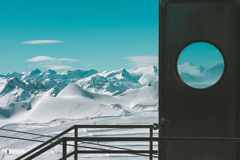 snowy mountains, landscape, peak, summit, trees, stairs, view HD wallpaper