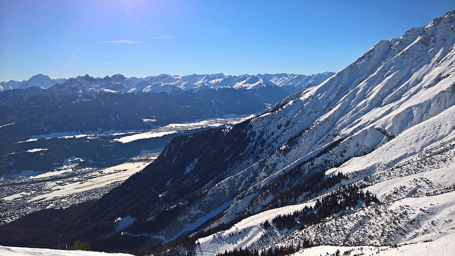 mountain, sun, winter, nature, innsbruck, snow landscape, cold HD wallpaper