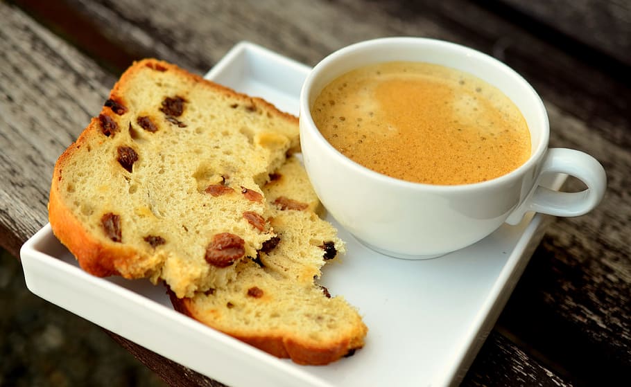 sliced bread and cup of coffee on white ceramic plate, coffee cup HD wallpaper