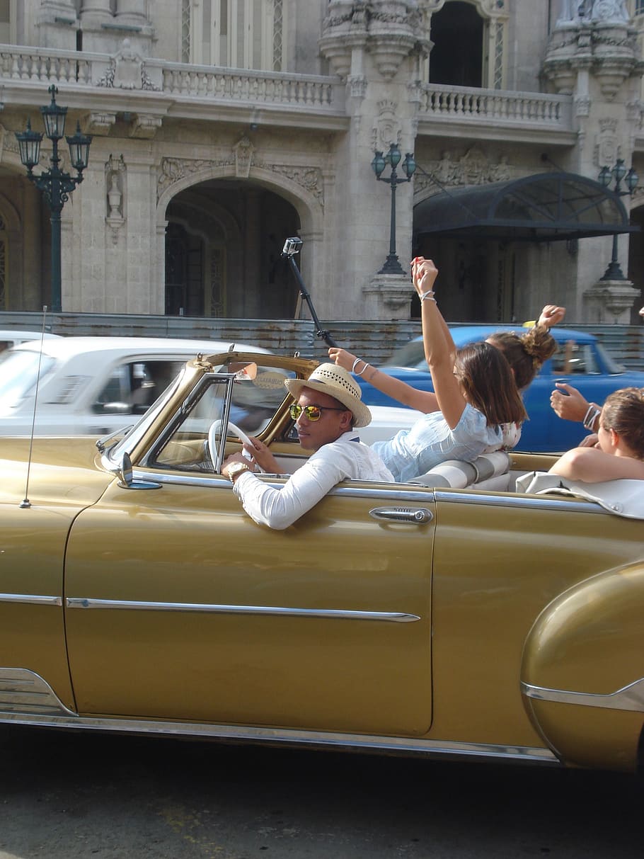havana, oldtimer, cabrio, coastal, travel, car, women, people HD wallpaper
