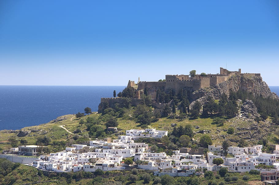 greece, rhodes, lindos, panorama, city, fortress, acropolis, HD wallpaper