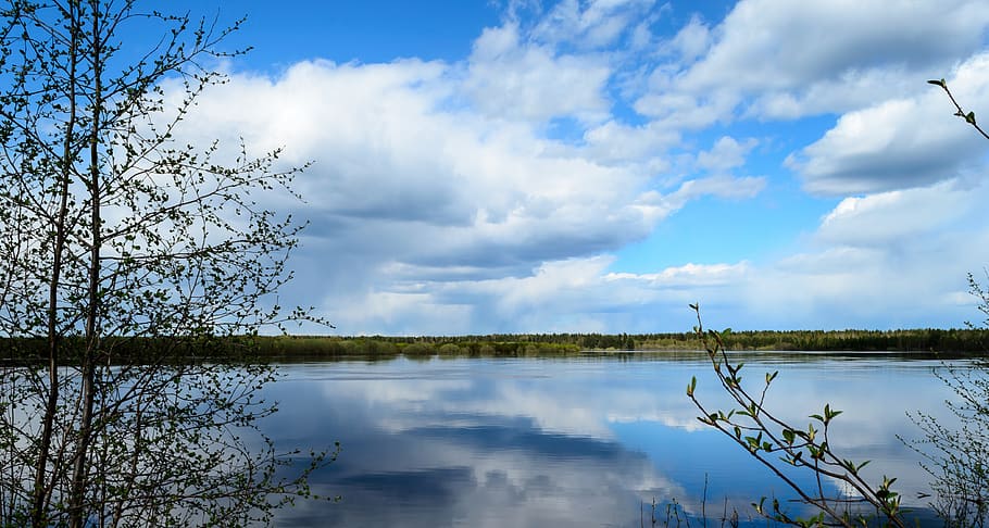 river, sky, nature, clouds, trees, blue, reflection, summer HD wallpaper