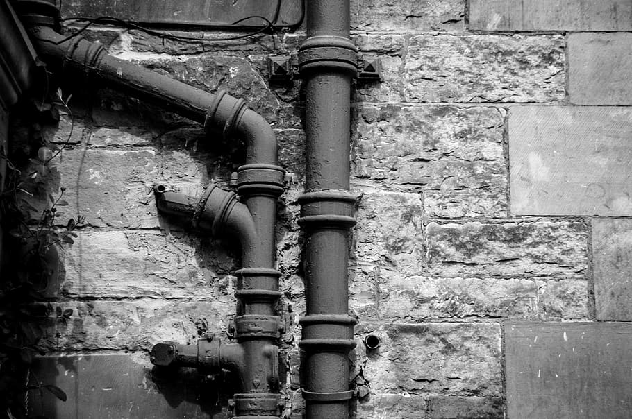 pipe, brick, wall, old, house, home, structure, plumbing, stone