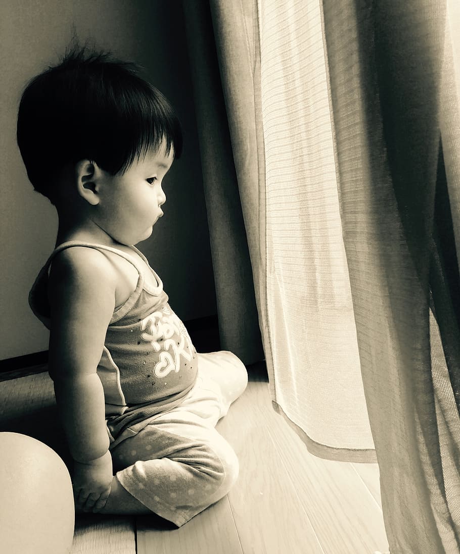 window, child, curtain, one person, real people, childhood HD wallpaper