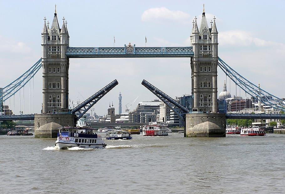 grey suspension bridge under cloudy sky, thames, river, historic HD wallpaper