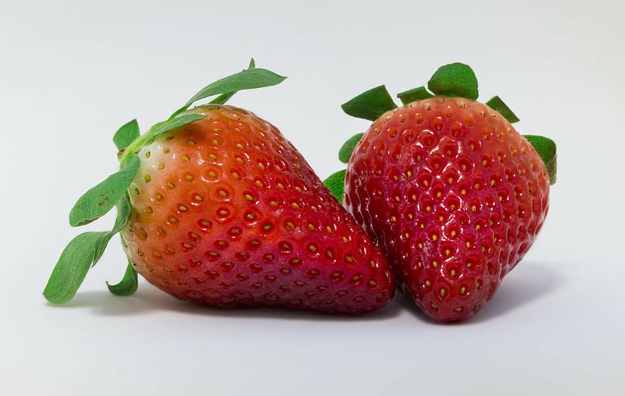 two strawberries in white background, strawberry, red, fruit HD wallpaper